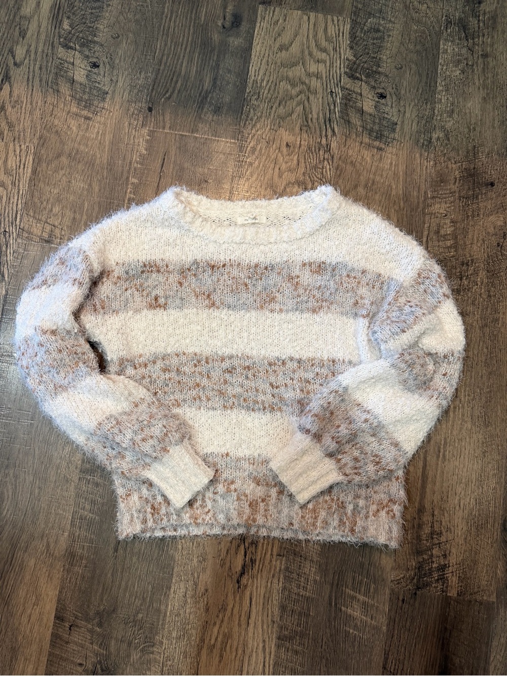 Maurices Fuzzy Striped Crew Sweater - Cream & Tan